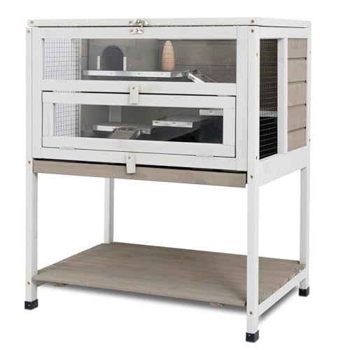 PetsCosset Guinea Pig Cages Hamster Cage Indoor with Stand Storage Wooden Outdoor Small Animals Habitat with Hideout House Pull Out Tray