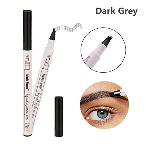 Tattoo Eyebrow Ink Pen with Four Tips, Waterproof Long-lasting Ink Brow Gel and Tint Dye Cream for Natural Eyes Makeup (Dark Grey)