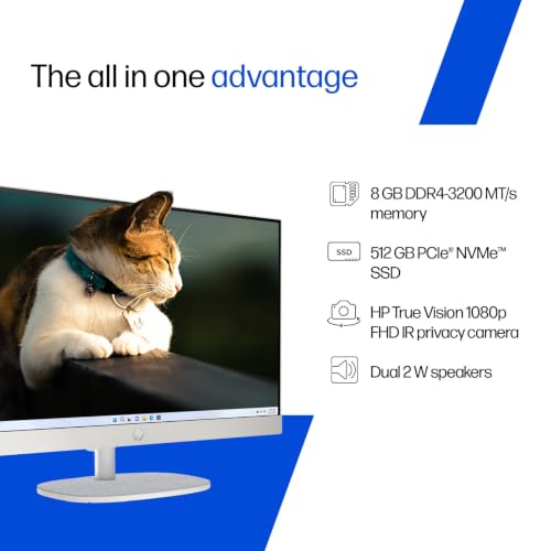 Image of HP All-in-One, Intel Processor N200 (8GB DDR4, 512GB SSD) FHD, IPS, Anti-Glare, 23.8''(60.5cm), Win11, M365* Office 24, Shell White, 5.26kg, FHD IR tilt Camera, 24-cr0302in Desktop