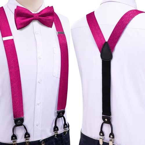 Image of Hi-Tie Men Suspender Bowtie Set Suspenders Pre-tied Bow Tie Pocket Square Cufflinks Adjustable Y Shape 6 Clips Braces Tuxedo