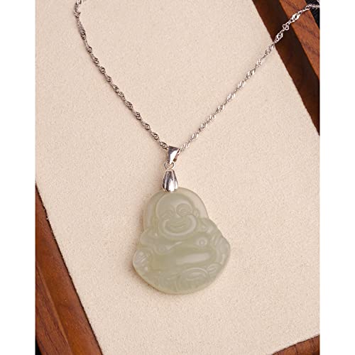 Crystal Force Natural Green Jade Guanyin Buddha Necklace For Women Men-Chinese Happy Laughing Buddha Good Luck 925 Sterling Silver Pendant Necklace Jewelry Gift (Buddha) #TOP2
