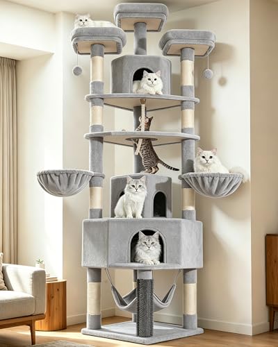Fobyfurny Arbre à Chat, 220 cm Grand Tour de Jeux pour Chat, avec Grande Grotte, 3 Perchoirs, 8 Griffoirs, Hamac, Panier, Poteau de Toilettage, Corde Épaisse...