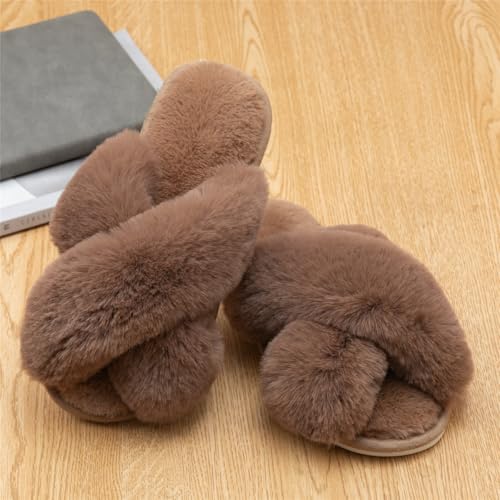 Image of Enteer Women's Slipper Memory Foam Cross Band Fuzzy Slippers Open Toe Cozy House Slippers Cozy Plush Bedroom Indoor Outdoor