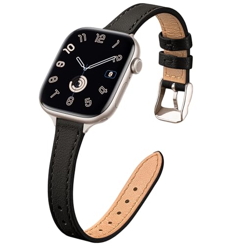 Image of STIROLL Slim Leather Bands Compatible with Apple Watch Band 38mm 40mm 41mm 42mm(Series 11 10), Top Grain Leather Watch Thin Wristband for iWatch SE 9 8 7 6 5 4 3 2 1 (Black Starlight)
