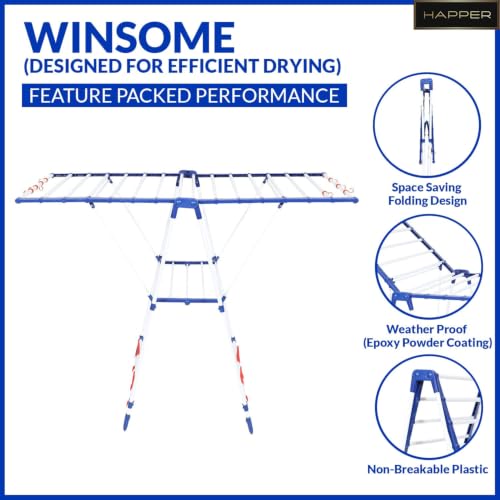 Image of Happer Mild Steel Cloth Drying Stand | Winsome | 8 Hangers | 4 Shoe Holders | 40 Feet Drying Space (White & Blue)