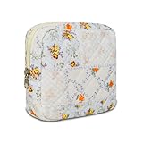 AMZMA Small Floral Quilted Makeup Bag, Coquette Aesthetic Travel Toiletry Organizer for Women, Lightweight Cotton Cosmetic Pouch