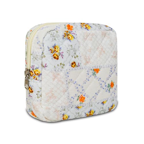 AMZMA Small Floral Quilted Makeup Bag, Coquette Aesthetic Travel Toiletry Organizer for Women, Lightweight Cotton Cosmetic Pouch