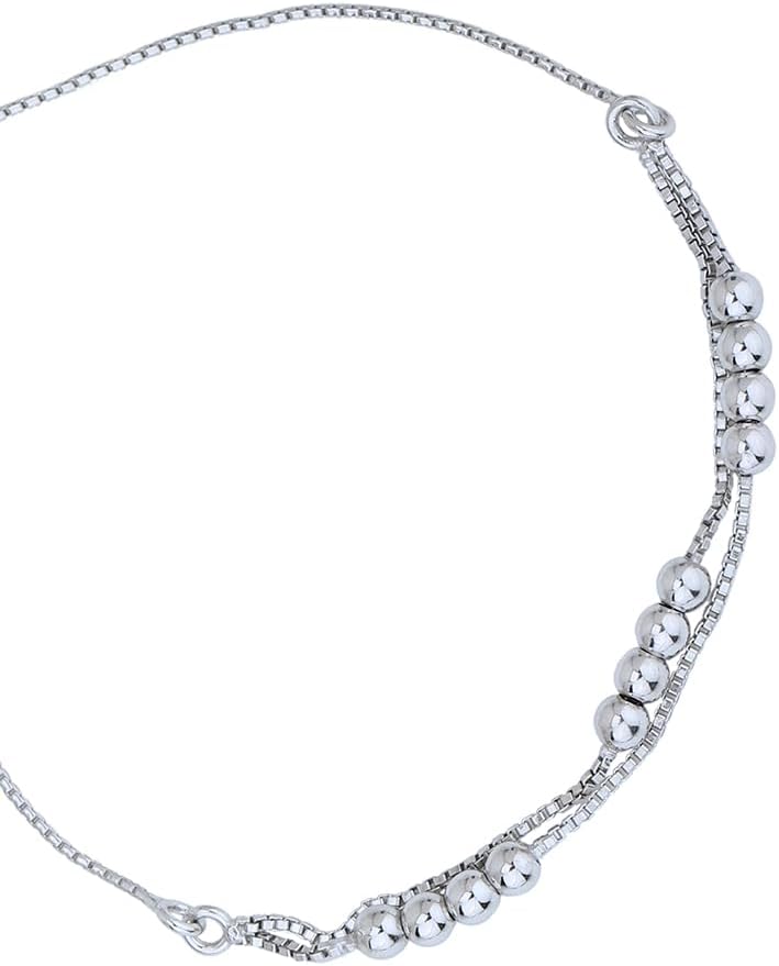 Vanbelle Sterling Silver Jewelry - Rhodium Plated with 925 Stamp - Double Layered Beaded Chain Adjustable Bracelet - Elegant Handcrafted for Women
