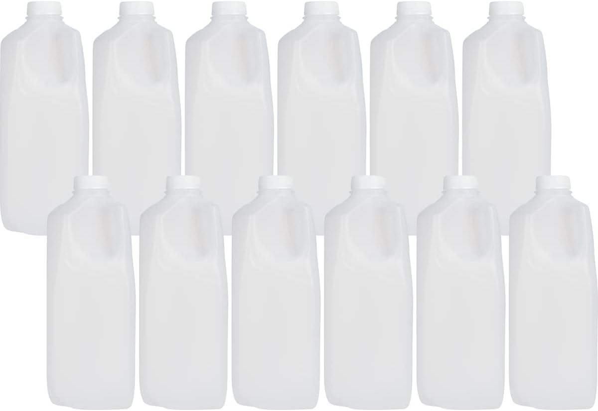 [12 Pack] Half Gallon Jugs Bottles (64 Oz) with Tamper Evident Caps – Great for Homemade Juices, Milk, Smoothies, Tea and Other Beverages - Food Grade