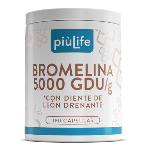 Bromelina 5000 GDU/g 180 Cápsulas PiùLife, 3 Al Día, Bromelain 1200mg, Enzimas Digestivas Naturales De Piña, Con Extracto De Diente De Leon Drenante, Hinchazón Abdominal, Microcirculación, Alta Dosis