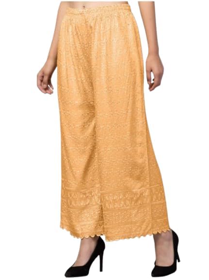 Image of Women's Palazzo Pants Rayon Trousers Chikankari Embroidered Lace Trim Wide Leg Straight Fit Flared Palazzo for Girls & Women