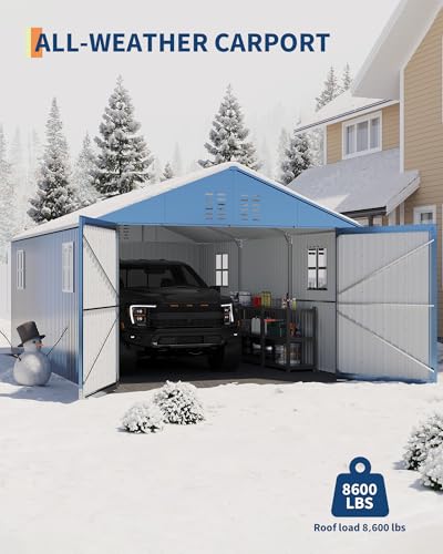 Image of GarveeLife 12x20 ft Metal Carport, Enclosed Car Port | Reinforced Frame and Steel Roof / Metal Garage Shed for Full-Sized Pickup Trucks