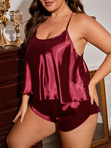 Soly Hux Women's Plus 2 Piece Pajama Set Satin Sleeveless Wrap Hem Backless Halter Cami Tops And Shorts Sleepwear Pure Burgundy 3Xl #TOP2