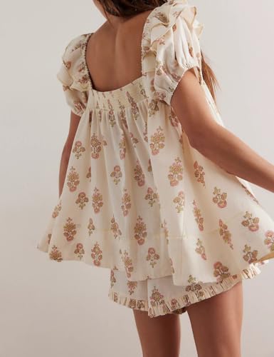 Image of ROAONOCOMO Women Floral Pajama Set Ruffle Puff Sleeve Peplum Shirt Coquette Pj Set Bow Babydoll 2 Piece Shorts Outfit