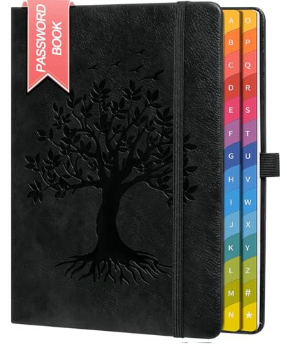 Password Book with Colorful Alphabetical Tabs, 8.4' x 5.8' Hardcover Password Keeper Organizer for Managing Internet Website Addresses and Logins, Ideal Gift for Home and Office - Black