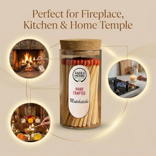Image of Sage & Herbs Long 65 Red Matchsticks in a Borosilicated Cork Jar with Striker| for Fireplace, Kitchen, Home Temple | Extra Long Burn Time Matchsticks | Matchbox Aesthetic Red Color