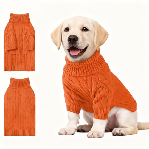 Image of Small Dog Thermal Pullover Sweater, Classic Turtleneck Cable Knitwear Dog Clothes for Cold Weather Warm Pet Clothes for Chihuahua, Bulldog, Dachshund, Pug Orange X-Large