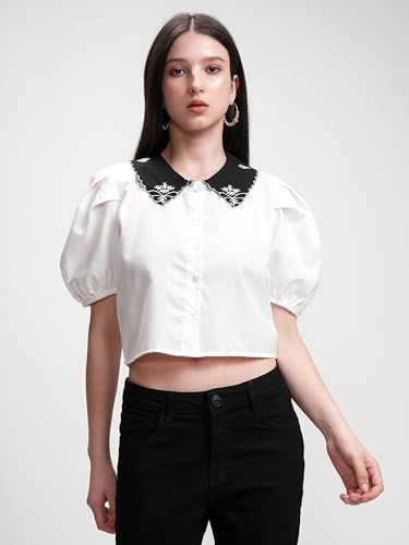 Image of Tokyo Talkies Women's Pointed Collar Puff Sleeves Casual Top | Stylish & Comfortable | Perfect for Everyday Wear | Tops for Woman | Women Tops | Stylish Top