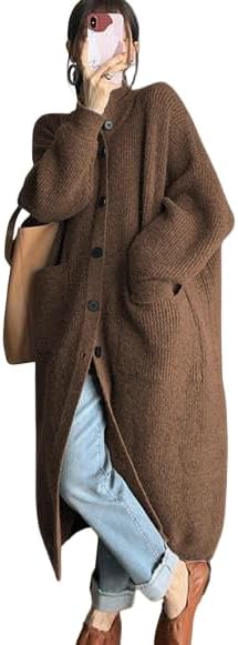 Womens Long Cardigan Sweaters Warm Winter Turtleneck Knit Front Button Sweater Trench Coat with Pockets