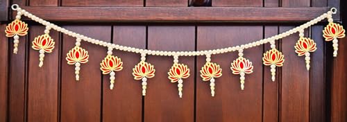 Image of Rajasthan Kraft Handmade Traditional Lotus Door Toran - 40 Inch in Size| Main Door Decorative Kamal Toran| Pearl Beaded Door Hanging with Tassels| Festive Entrance and Pooja Room Decor (T0021)