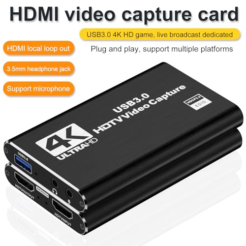 dobestyou Karta przechwytywania audio wideo 4K z kablem HDMI, USB 3.0, Full HD 1080P do nagrywania gier, transmisji strumieniowej na żywo, czarna