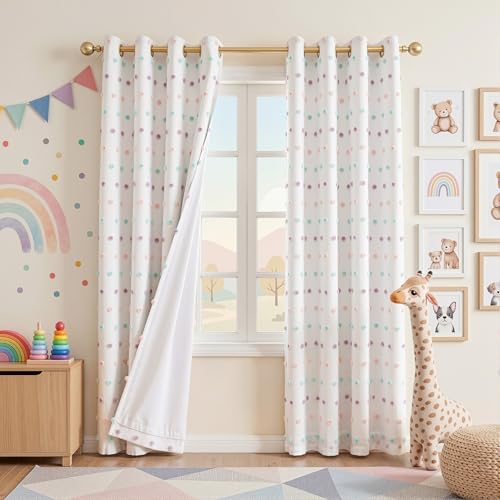 Image of MEETSKY Kids Blackout Curtains for Girls Bedroom,Pom Pom Curtains 50x84 in | 100% Blackout Light Blocking Drapes,Nursery Curtains,Room Darkening,Thermal Insulated Grommet Drape,Rainbow,Cute,2 Panels Set