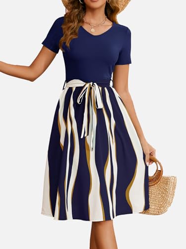 Women's Summer Casual Elegant Vintage Stripe V Neck Short Sleeve Work Party A-Line Knee-Length Dress with Belt D8244