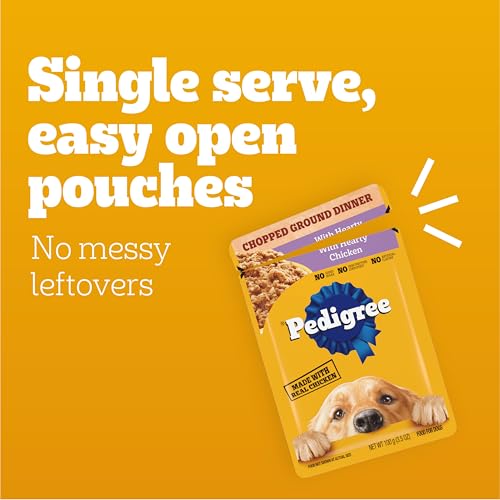 Image of Pedigree Chopped Dinner Wet Dog Food Pouch, Variety Pack, 3.5 oz, 18 Count | Chicken, Beef, Bacon & Filet Mignon, no added sugar, no artificial flavors, serve as topper or complete meal, steam cooked
