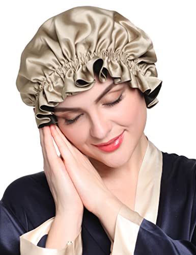 LilySilk Damen Reine Maulbeerseide Schlafmütze Nachthaube Doppelschichtige Seidenhaube Seidenmütze Nachtkappe Frauen Mädchen Seide Gefütterte Nachtmütze für Haarpflege(Kaffee + Schwarz) Cover