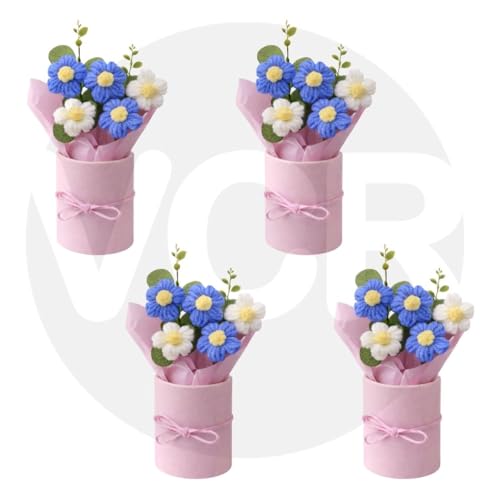 Image of VCR Handmade Blue Crochet Bouquet- Pack of 4 - Hand Woven Knitted Artificial Hand Knitted Bouquet Flower for Office Desk, Table, Car, Bedroom, Wedding & Special Occasions