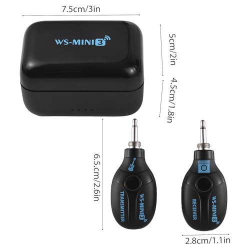 Sistema inalámbrico para guitarra 2.4G con transmisor y receptor, compartimento de carga, sistema de audio, transmisión de 4 canales, plug and play, recargable para guitarra eléctrica/acústica y bajo miniatura 7