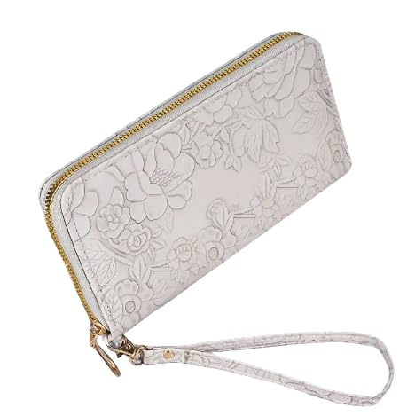 Wallet Women,Elegant Floral Embossed Synthetic Leather Wallet,Large Capacity Zippered Clutch with Card Slots,Wrist Strap
