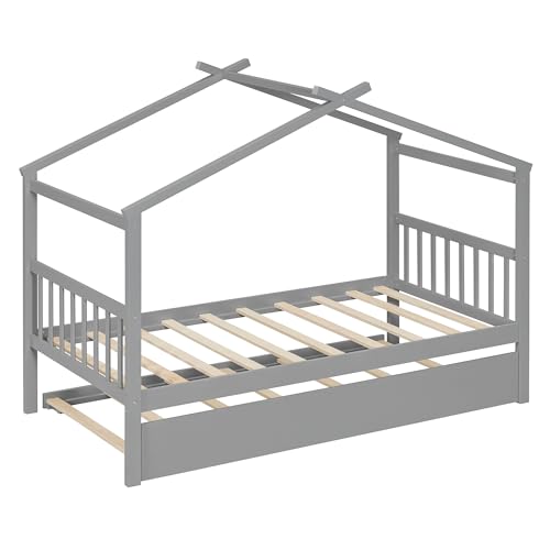 Image of Twin Size Creativity House Bed with Roof Frame and Twin Size Trundle, Montessori Wooden Platform Bed with Sturdy Slats Support for Kids Teens Girls Boys, No Box Spring Needed (Gray-02, Twin)