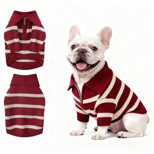 Image of Small Dog Sweater with Zipper, Knitted Striped Pullover Dog Clothes for Cold Weather, Thick Warm Cozy Stretchy Sweater for Chihuahua, Bulldog, Dachshund, Pug(Red & White Strip, L)