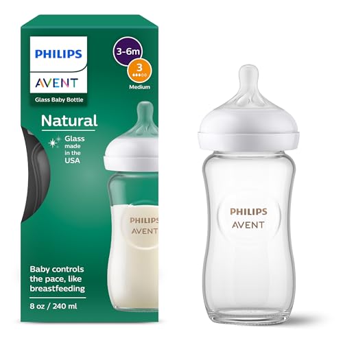 Image of Philips Avent Natural Glass Baby Bottle, Medium Flow, 8 oz, BPA-Free | Borosilicate Glass, Baby-Controlled Flow, No-Drip Design, Reduces Colic and Gas with Anti-Colic Valve, 1-Pack, SCY913/01