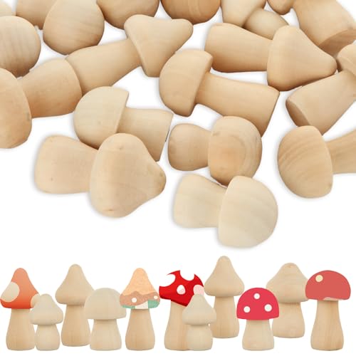 LDXDRU 60Pcs Wooden Mushrooms 6 Sizes of Natural Unfinished Wooden Mushroom Wood Mushroom for Crafts and Arts Projects Decoration DIY Paint Color
