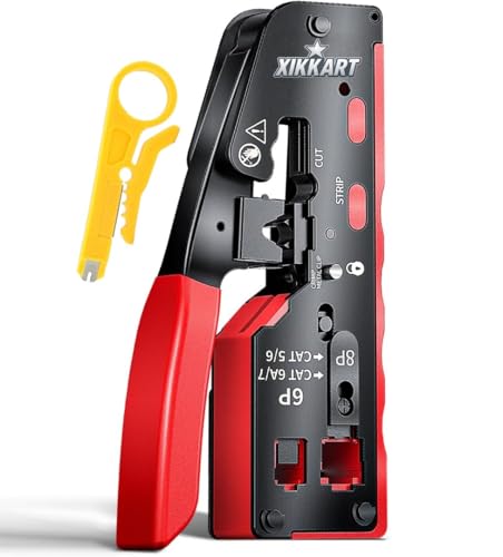 Image of XIKKART Cat7 Crimping Tool | All-in-One Passthrough RJ45 Ethernet Crimper with Wire Stripper & Cutter | Heavy-Duty Network Cable Crimping Tool for Cat7 Cat6A Cat6 Cat5e Modular Connectors,(Multicolor)