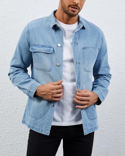 YEXPINE Men's Denim Jean Jacket Casual Button Down Regular Fit Work Shirt with Four Pocket, Blue, XXL - Image 4