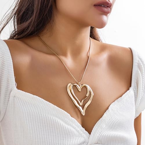 Y2k Gold Large Chunky Lrregular Heart Necklaces for Women Silver Double Chunky Puffy Heart Pendant Necklace Statement Jewelry Gift for Women2