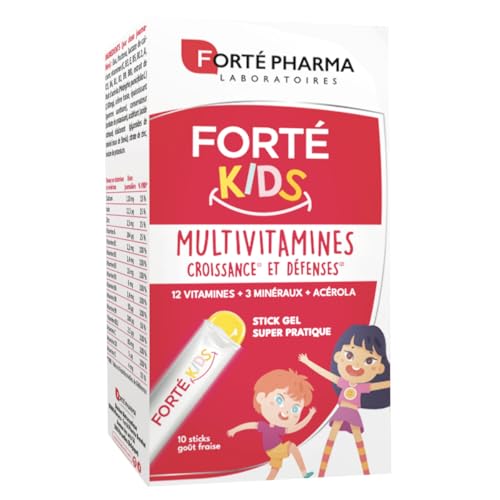 Forté Pharma - Forté Kids Multivitamines dès 3 ans - Croissance & défenses - 12 vitamines dont Vitamine C, Zinc, Calcium, Acérola - Ne colle pas, délicieux goût Fraise - 1 stick/jour, 10 jours