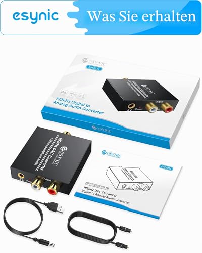 eSynic DA Wandler Digital zu Analog Konverter Audio Adapter Toslink Adapter Koaxial Adapter Optisch Cinch RCA L/R 3,5 mm mit Optischem Kabel für PS3 PS4 HDTV Blue Ray DVD Sky