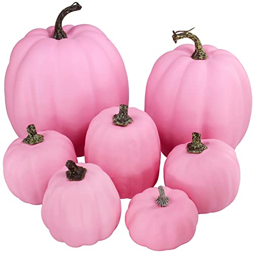 Winlyn 7 Pcs Assorted Sizes Fall Artificial Pink Pumpkins Harvest...