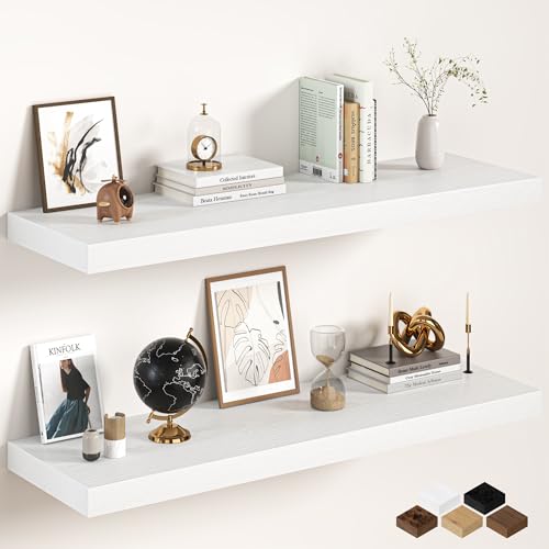 Image of White Floating Shelves 48Inch Long, 12 Inch Deep Floating Shelves for Wall, 48 x 12 Large Floating Shelf for Fireplace Mantel, 2 inch Thicked Rustic Wall Shelves for Living Room, Bedroom Storage, 2 Packs