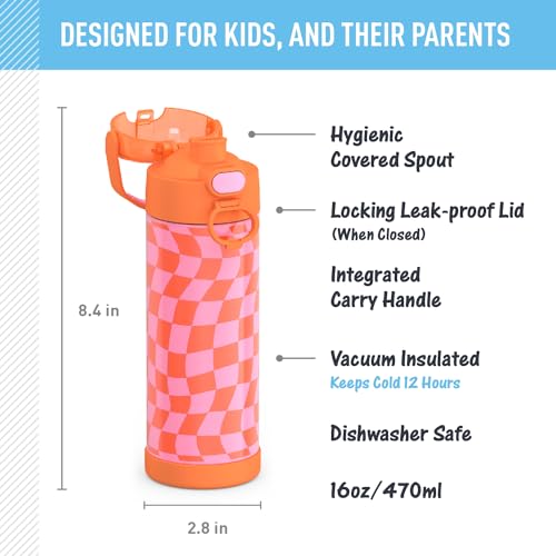Image of THERMOS FUNTAINER Water Bottle with Spout, 16oz, Wavy Checkers Orange | Kids Stainless Steel Insulated Water Bottle, Keeps Drinks Cold Longer for School & Play, BPA-Free