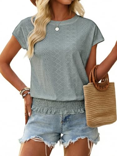 Image of Women's Summer Short Sleeve Eyelet Tops Daily Casual Crewneck T Shirts Elastic Waist Smocked Blouses