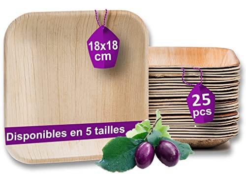 Waipur Assiette Palmier Bio - 25 Assiettes Carrées 18x18 cm – Vaisselle Jetable de Qualité Supérieure - Stable, Naturelle et Écologique – Assiettes Anniversaire