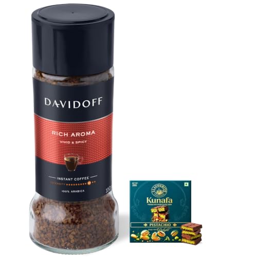 Image of Davidoff Rich Aroma Instant Coffee 10 /12 Intensity - 100% Arabica, 90G, Granule, Glass Bottle | Get Free KF Pistachio Chocoate 20g by Decadent Foods.