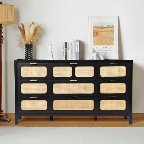 9 Drawer Dresser, Modern Rattan Dresser Chest with Large Storage and Metal Handles, Rustic Wood Storage Chest of Drawers for Bedroom, Living Room, Entryway (Black)