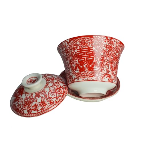 Image of Liang baobao Chinese Wedding Tea Gift Set Gaiwan Bowl Spoon Porcelain Tableware Double Happiness for Men Women Couple Wedding Party (6 /Set Paper-cut double happiness)