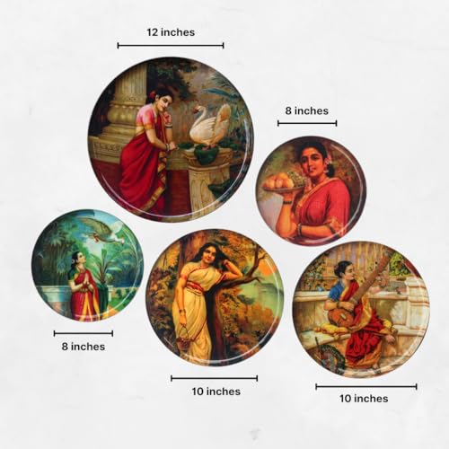 Image of the atrAng Raja Ravi Verma Wall Plates For Home Decor,Indian lady wall hanging plates set of 5,Vintage Metal Wall Art for Living Room,Pooja Room (5)
